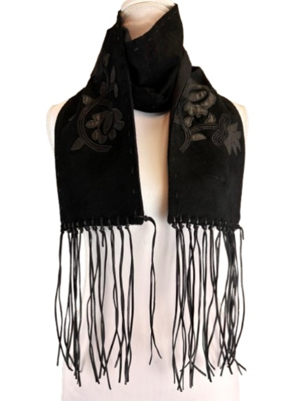 Vintage Natori Leather Fringe Scarf Pashmina Silk Lined Boho Floral Western Y2K - Picture 2 of 7